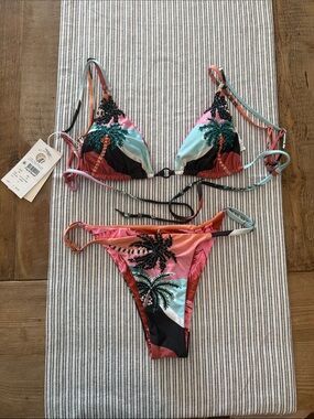 Maaji Pink Teal Black Palm Embroidered String Bikini